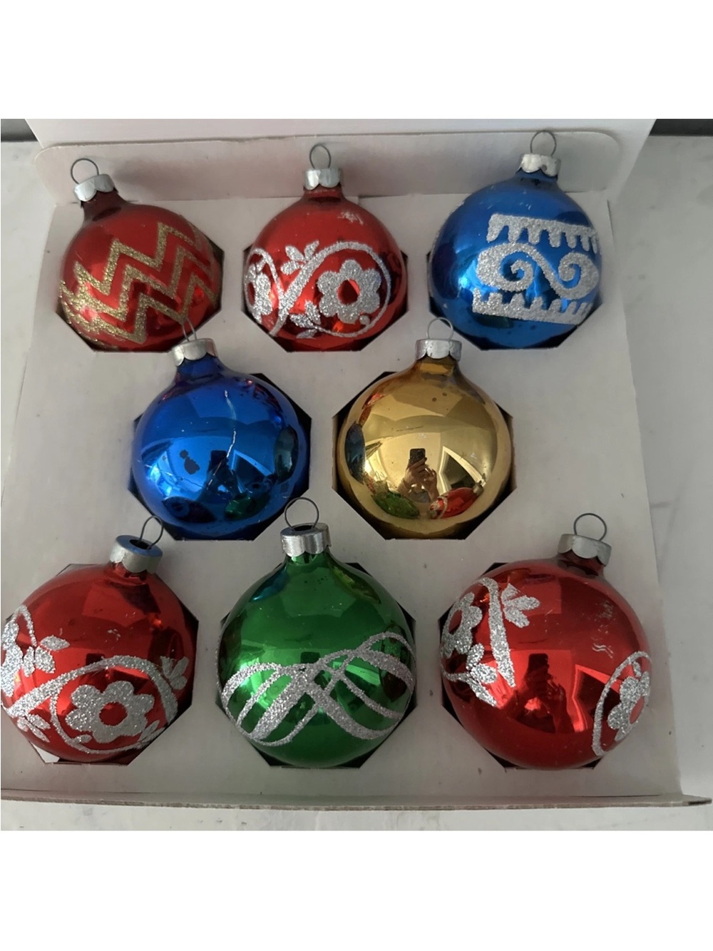 VINTAGE LOT OF 8 STENCILED Glass Ornaments Multicolor Ornaments - Picture 2 of 7